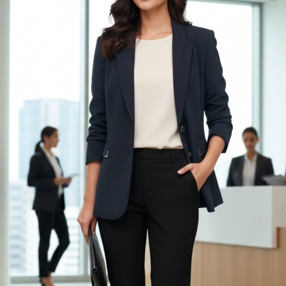 TAHARI elegant Classic Navy Pinstripe Women's Blazer Size 10p - Picture 3 of 16